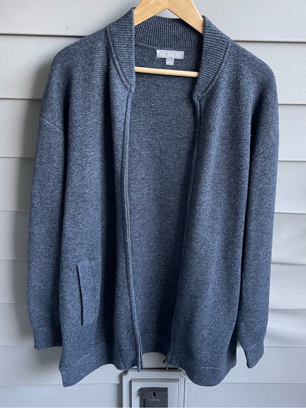 J Crew Women's Unisex Gray Flight Sweater Jacket Full Zip Wool Blend Sz M Chunky